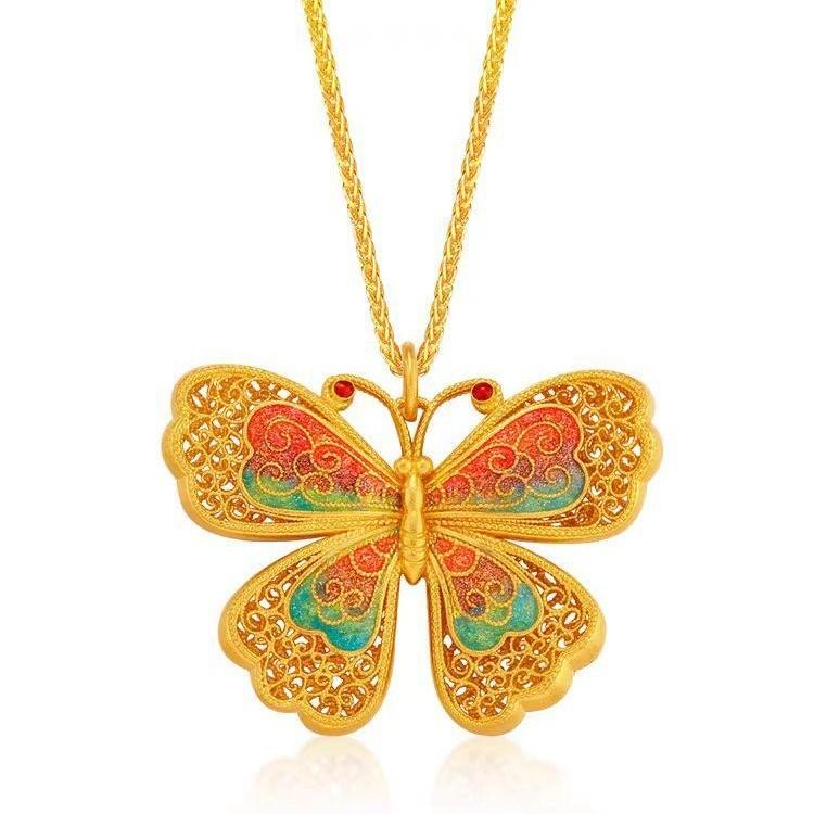 Flower Elegant Silk Enamel Butterfly Ring And Pendant Jewelry Set In Color Golden