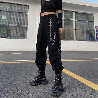 Y2K Women Clothes Unisex Punk Chain Black Cargo Pants Streetwear Hip Hop High Elastic Waist Casual Fashion Harajuku Summer Harem Pant For Women