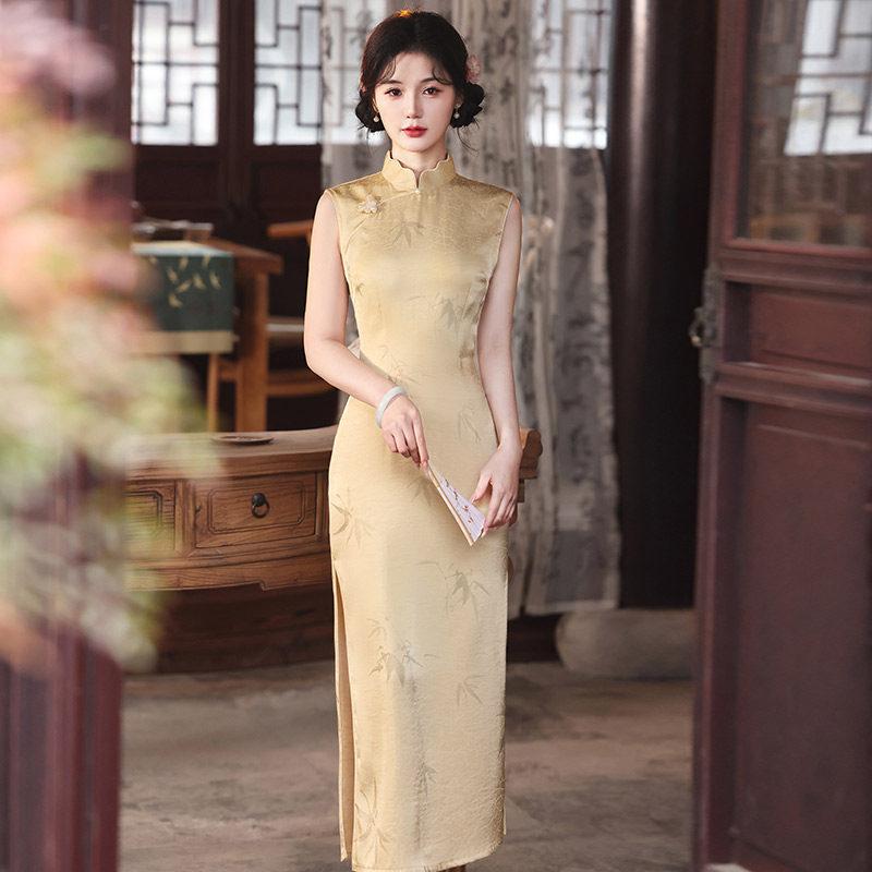 Yellow sleeveless national style new Chinese Suzhou long cheongsam improved young 1011 new women's high sense summer