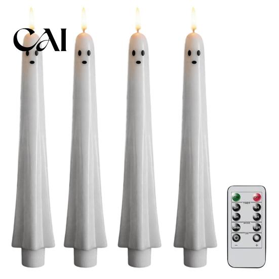 White Wax Ghost Shaped Candles Halloween Flameless Taper Candles, Battery Operated Flickering Candle Light with Safe for Kids Remote, Real 3D Wick LED