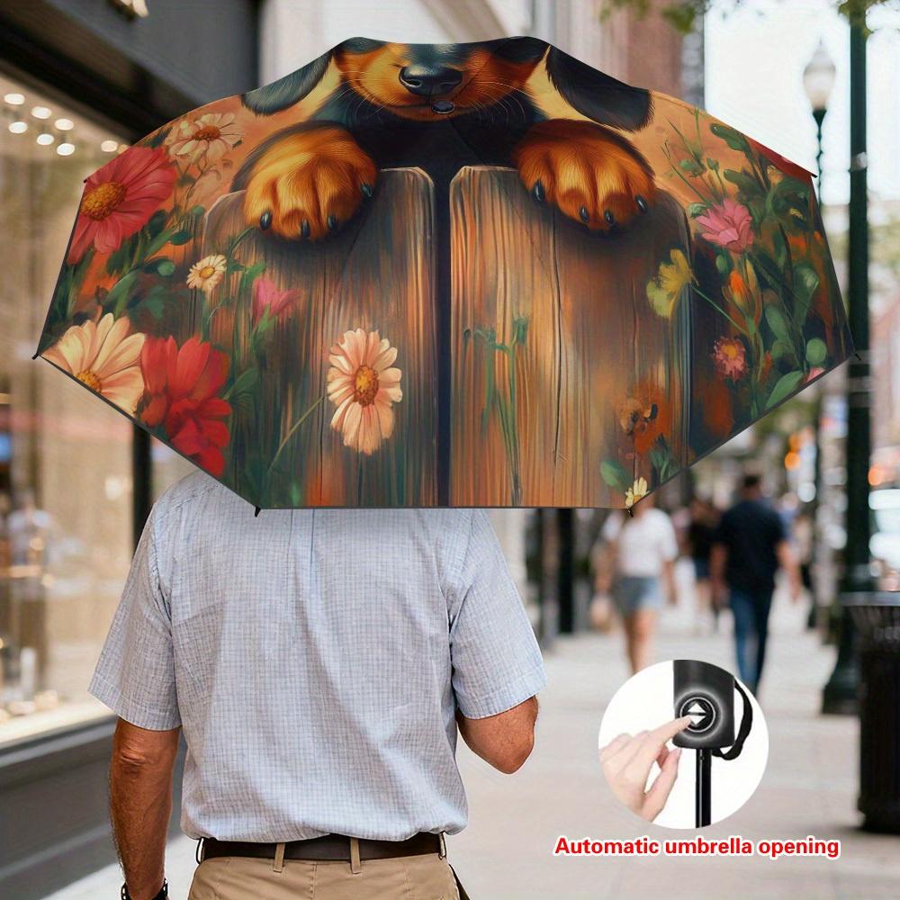 1pc Automatic Open/Close Umbrella with Dachshund Puppy & Floral Fence Design - 8-Rib Sturdy Frame, Lightweight Compact Folding