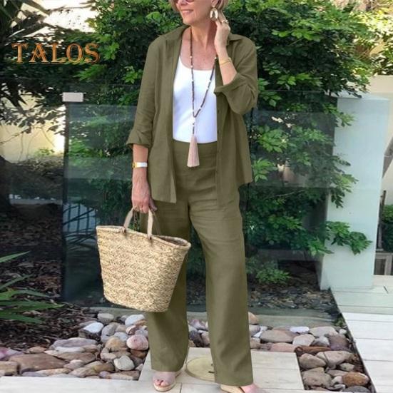 2-teiliges Damen-Outfit mit Revers, langen Ärmeln, Knopfverschluss, Hemd mit hoher Taille, geradem, weitem Bein und langen Hosen