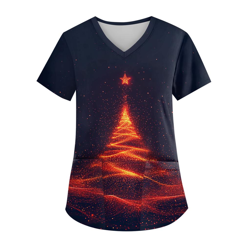 Dámský top s výstřihem do V, vánočním potiskem, krátkým rukávem, kapsou a bočním rozparkem