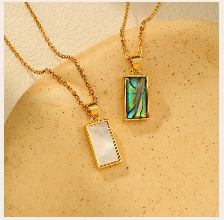 Chamrs Necklace for Women, Nature White Shell Inlay, Dropwater Heart Square Pendant Necklace, Stainless Steel Waterproof Jewelry