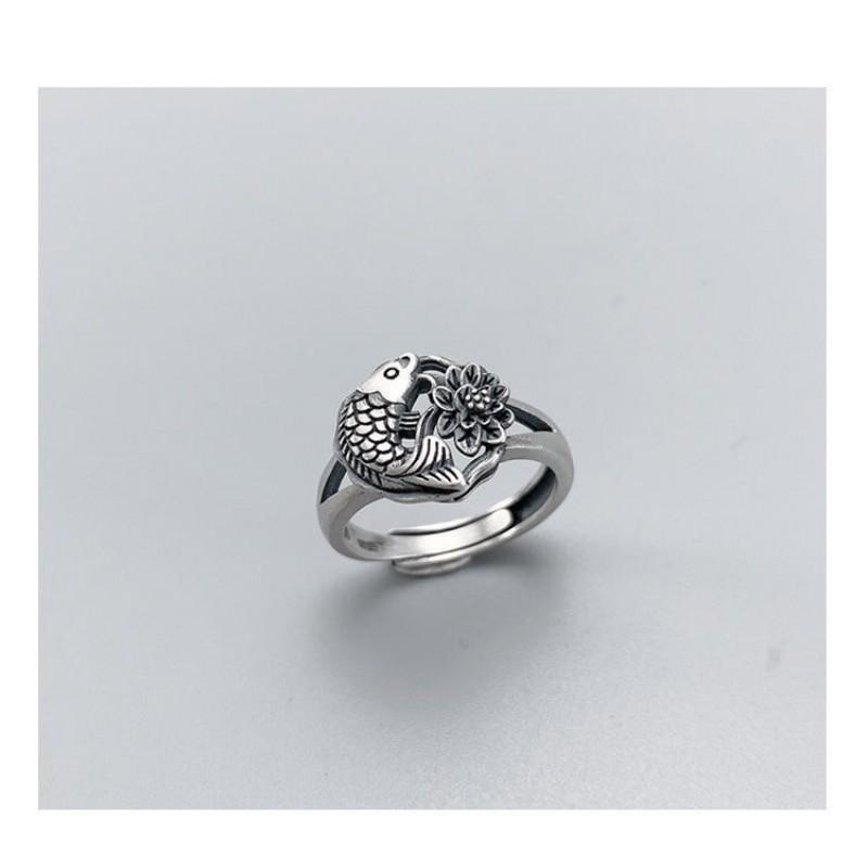 Adjustable Open Ring Women Men Sterling Koi Fish Design Vintage Geometric Finger
