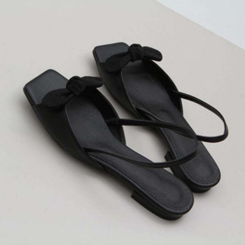 French velvet green square head with open-toed sandals women's summer bow flat low-heeled cool slippers