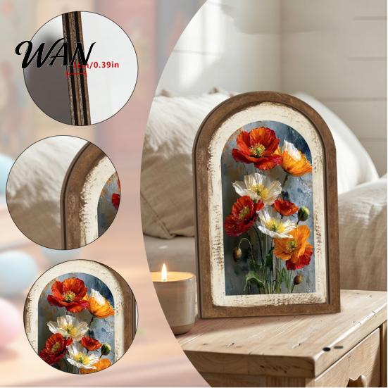 Rustic Lemon Flower Painting Vintage Framed Wall Art, Curved Wooden Floral Arched Wood Art French Country Style Paintings for Bedroom Kitchen