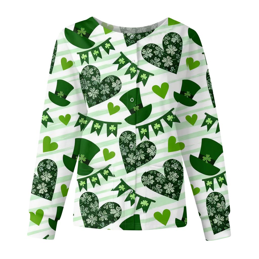 Damen Casual Mode Langarm Stehkragen Einreiher St. Patrick's Day Print Arbeitsjacke Tops