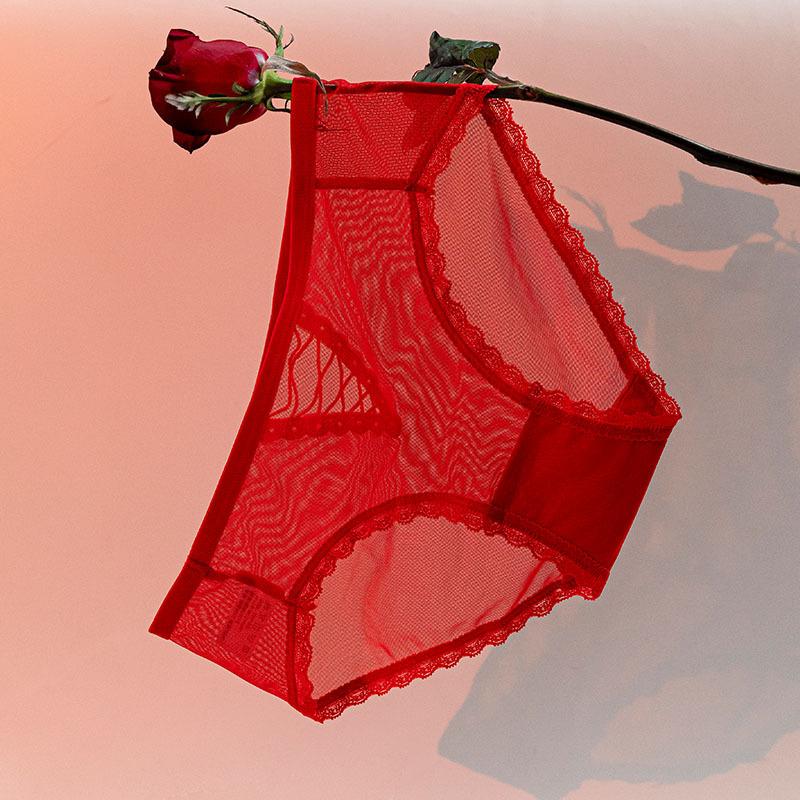 Women's Summer Slim Sexy Lace Edge Half Through Hollowed Out Mesh Low Waisted Triangle Briefs