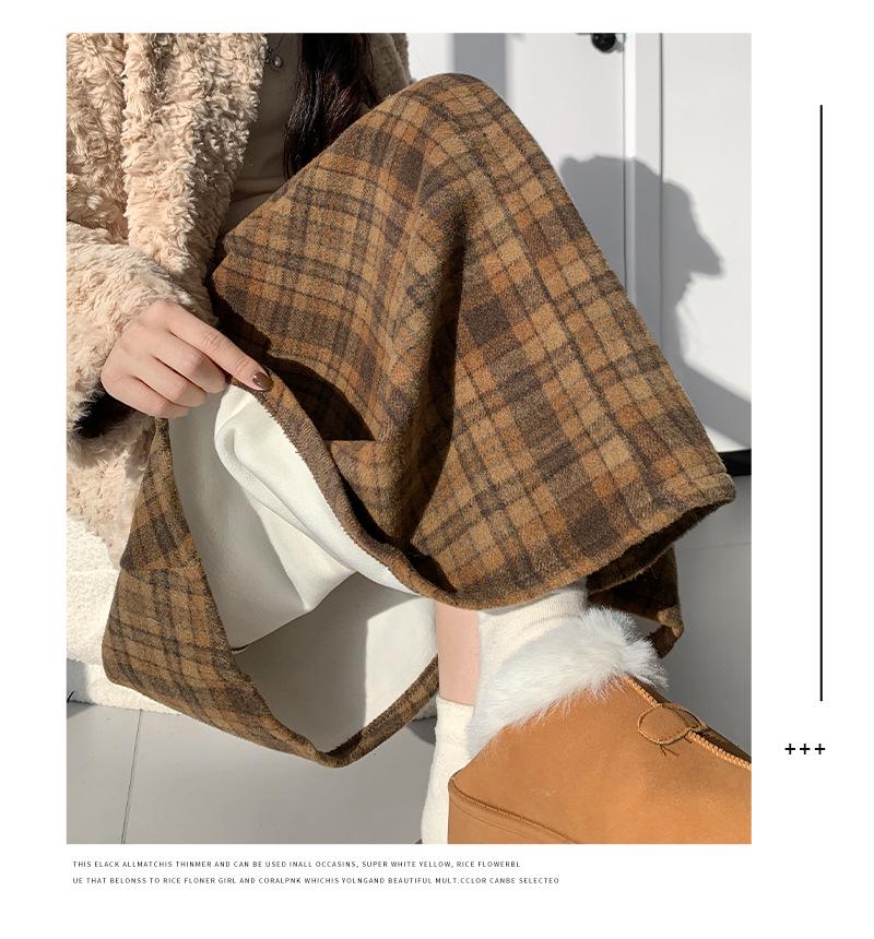 Korean Retro Plaid Woolen A-line Skirt for Women - High Waist Winter Long Skirt