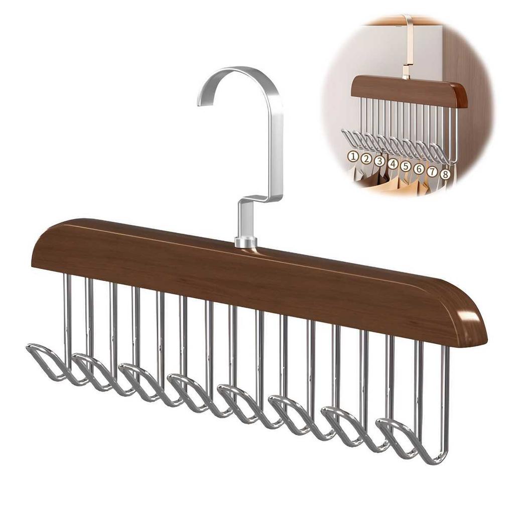 8-hook Multifunctional Wooden Hanger Storage Space-saving Rotating Display Rack Suitable for Ties, Underwear, Vests, Scarves