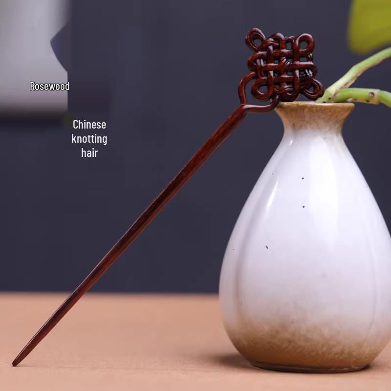 Red Sandalwood Women's Retro Hanfu Hairpins: Hollow Carved Moon Rabbit Wooden Ornaments