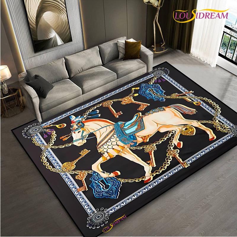 Fashion Ethnic Frame Carpet Horse Home Decor Rectangle Room Rug Black Green Orange Living Room Bedroom Bedside Floor Table Mat