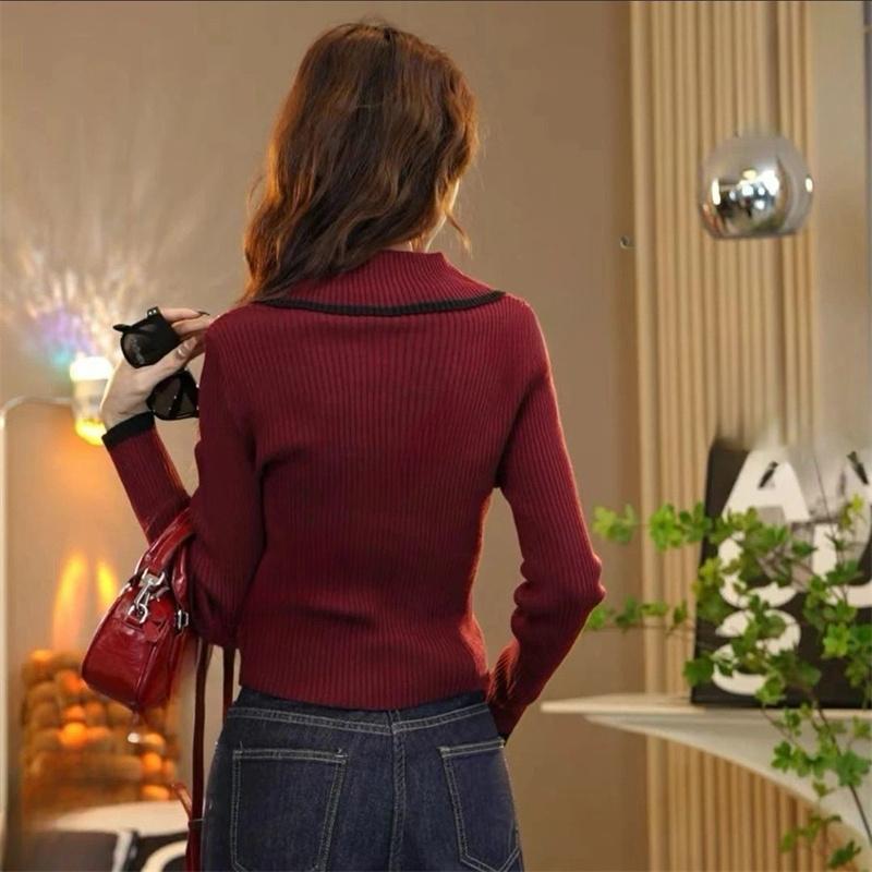 Zipper Lapel Knit Sweater Women Autumn Winter Pullover New Color Blocked Long Sleeved Slim Knit Top Female Bottoming Shirt