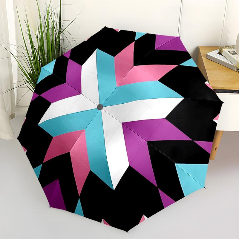 1pc Geometric Pattern Automatic Umbrella - Stylish, Durable, with 8-Rib Manual Open Design, Elegant Black Handleyy250920113