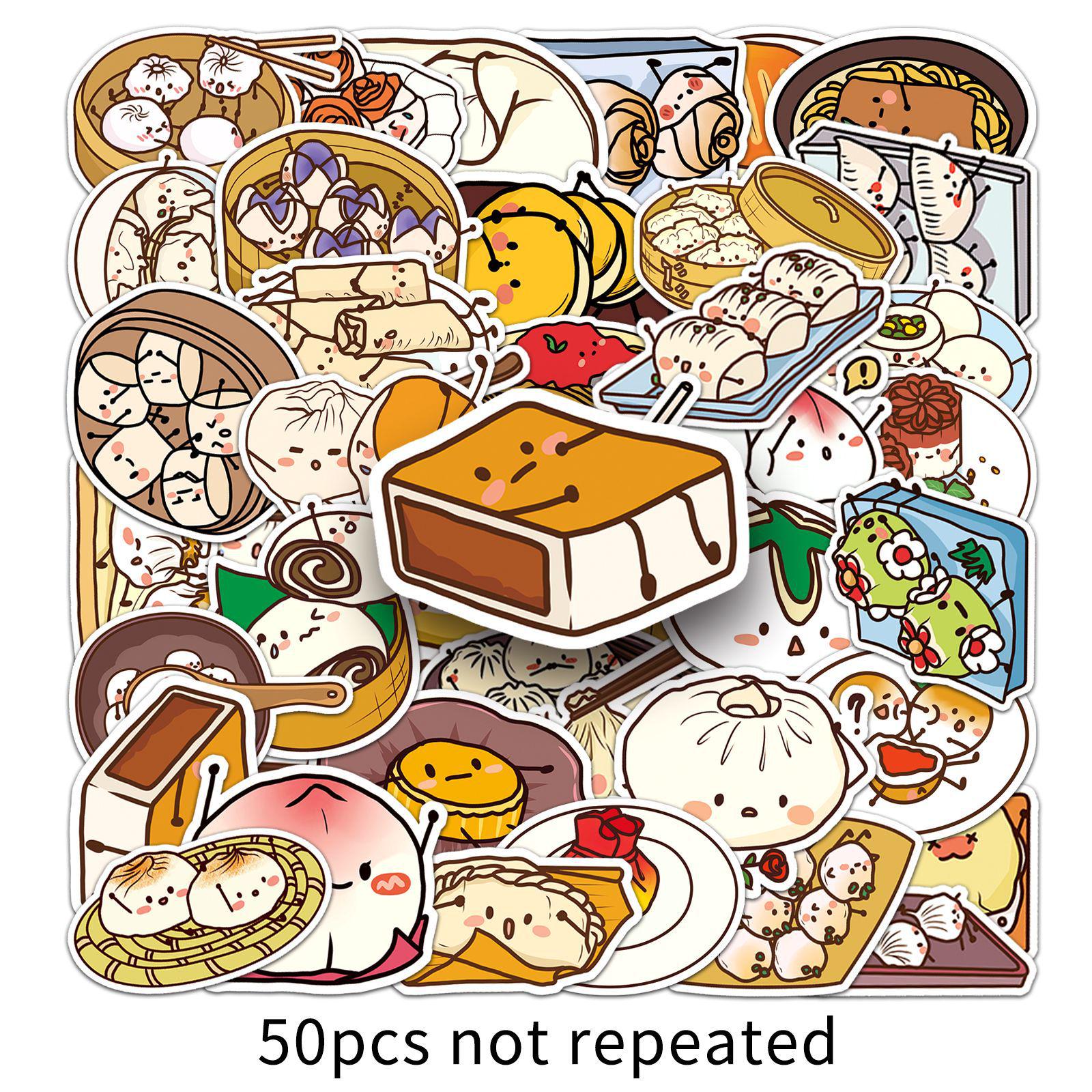 50 Original Hand-Drawn Chinese Dim Sum Cartoon Food Stickers for Journals and Notebooks (50 Sheets)