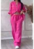 2024 Women's Solid Color Single-Breasted Shirt & Wide-Leg Tie Pants Set, Cotton-Linen Fabric
