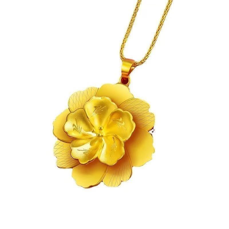 Gold Peony Flower Chain Necklace & Earrings Set for Women - Elegant Fashion Style