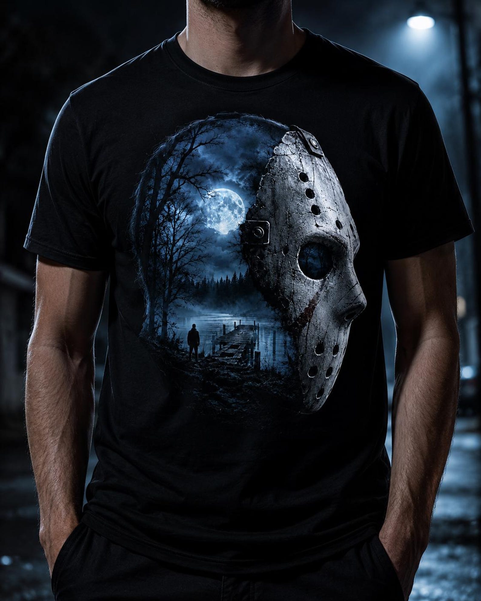 Horror Shirt, Masked Lake Killer Graphic Tee, Dark Camp Slasher T-Shirt, Vintage Horror Movie Shirt, Black Halloween Tee 2XL