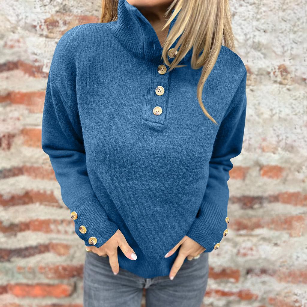 Ladies' Casual Stand Up Collar Knitted Sweater, Solid Color Button Casual Loose Sweater