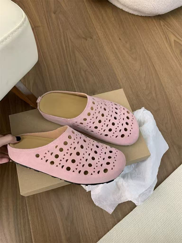 Fashion 2025Fashion Baotou Hollow Out Fretwork Suede Leather Solid Concise Half Slippers Women Round Toe Pull on Muller Beach Shoes