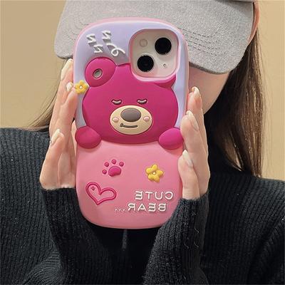 Ins Korean Cute 3d Cartoon Pink Bear Silicone Phone Case For Iphone 14 13 12 Pro Max 11 Lovely Protective Soft Back Cover Funda