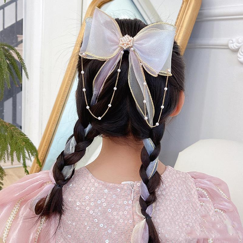 Perlekjede Jenter Mesh Streamer Hårsløyfer Sløyfe Dusk Hestehaleklips Gradient Fletting Hårnålsgrep Hårtilbehør