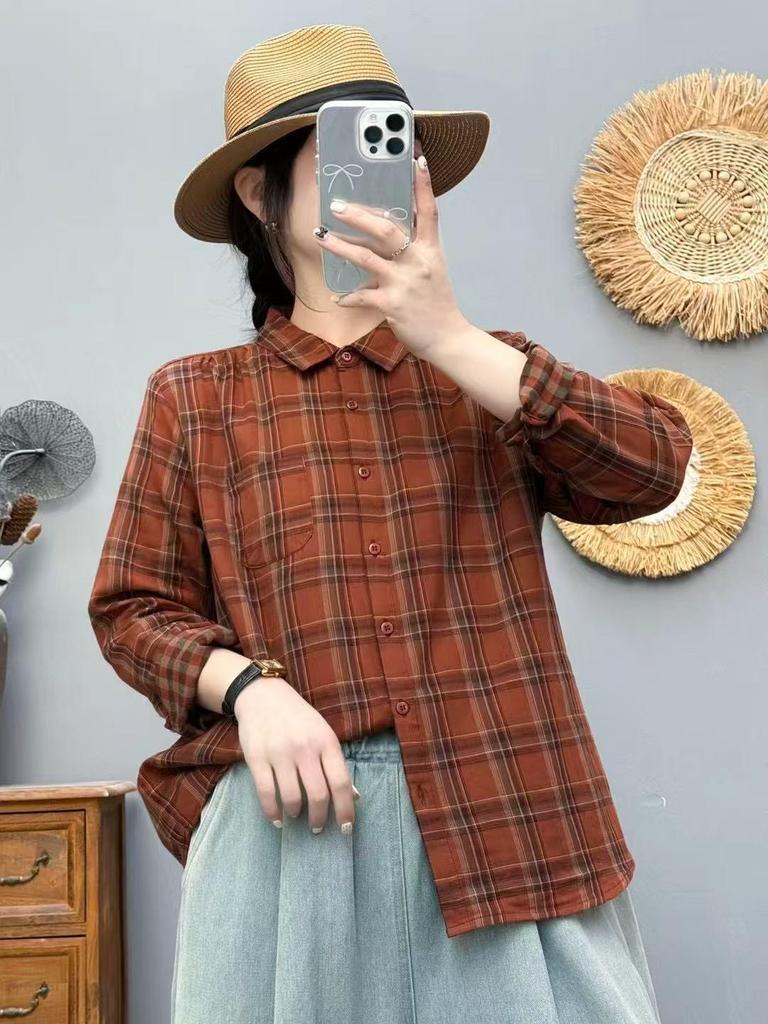 2025 Spring Women's Plaid Loose Casual Korean Style Academy Double Layer Gauze Long Sleeve Shirt