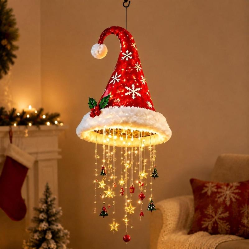 Santa Hat Chandelier Red-White Christmas Hanging Decoration, Tiered Santa Hat Figure Set for Holiday Parties and Indoor Home Displays