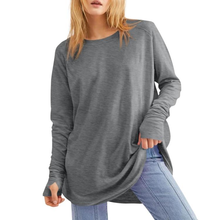 Loose Long Sleeve T Shirt Women Solid Round Neck Medium Top Thumb Hole