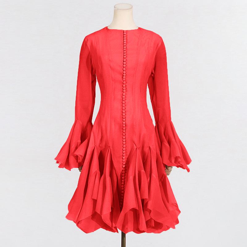 2025 Summer Women's Ruffle Design Waist-Slimming Flared Sleeve Dress