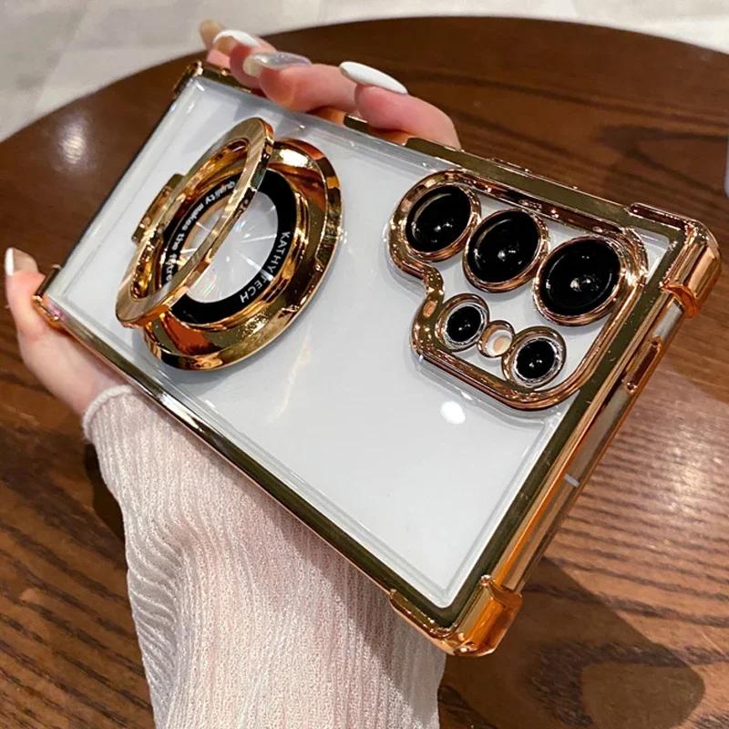 

Роскошный противоударный чехол с гальваническим покрытием для Samsung S25 Ultra S24 Plus S23 S22 S21 S20 FE Note 20 для магнитного держателя MagSafe, чехол для телефона S23 Ultra