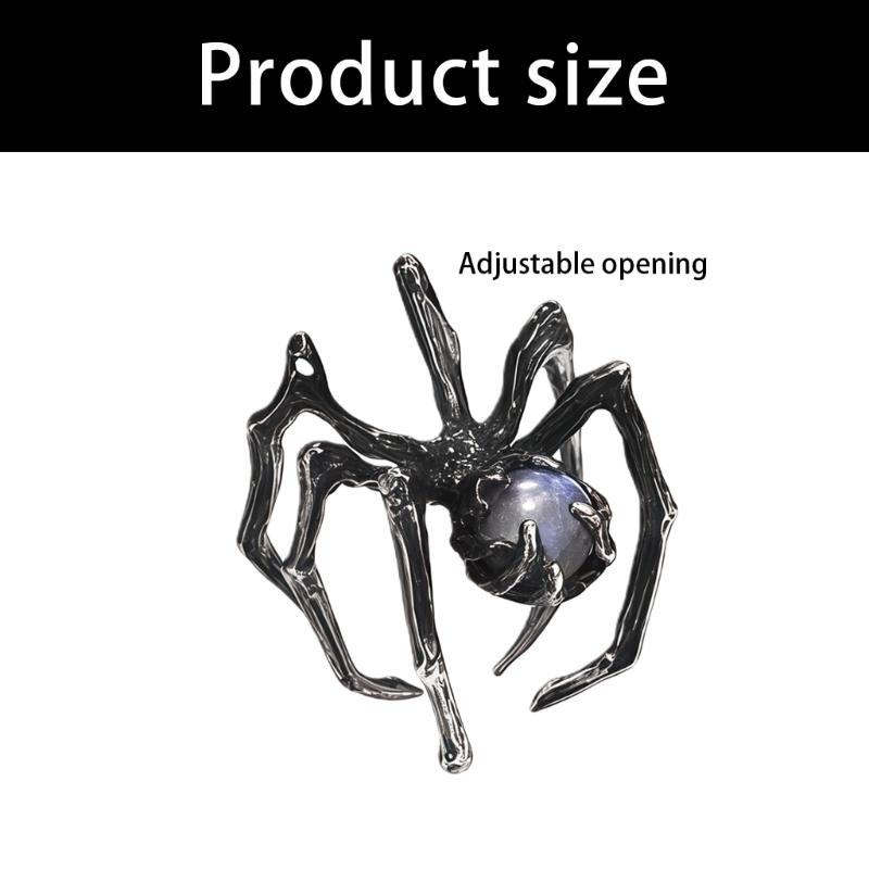Gothic Punk Spiders Ring With Mysterious Moonstone Adjustable Size For Women Unique Dark Art Jewelry