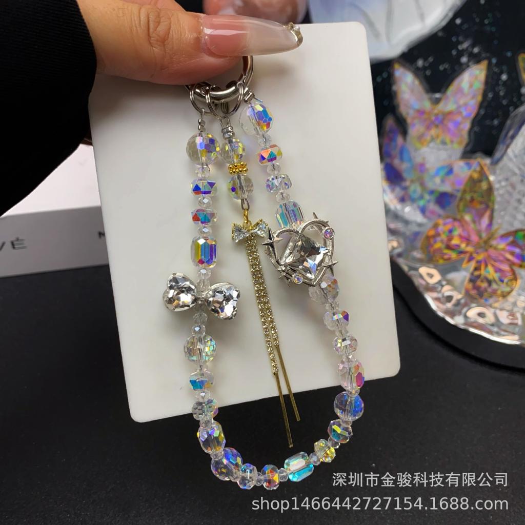 New High-Quality Phone Chain Creative Heart Zircon Hanging Chain Crystal Ins Style Bow CCD Bag Strap Short