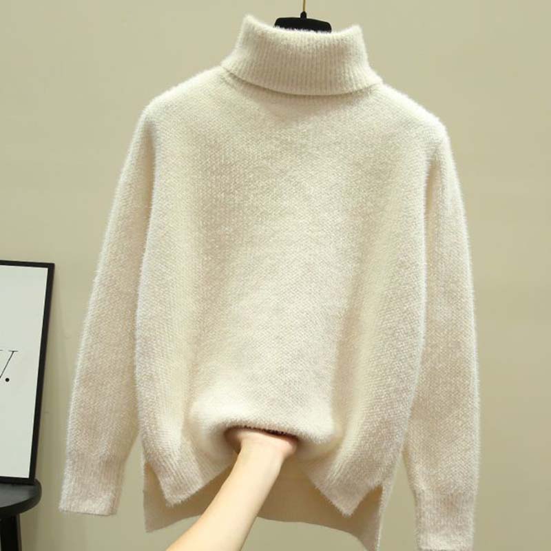 Sweater for Women Autumn Winter Solid Color Thickened High Neck Warm Knitted Stretchy Long Sleeve Tops