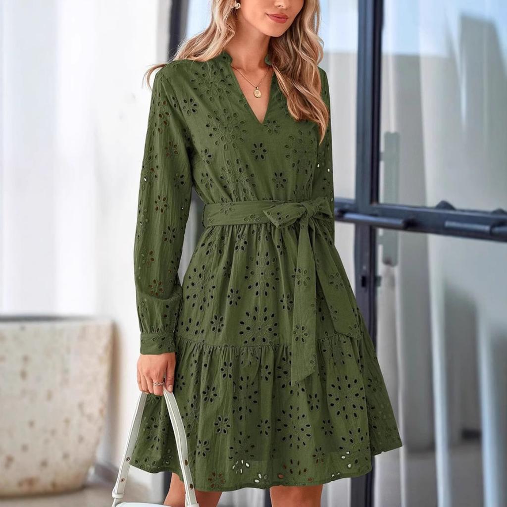 Spring Autumn Women's Hollow Out Long Sleeve Dress, European American Fashion Elegant Casual Dress