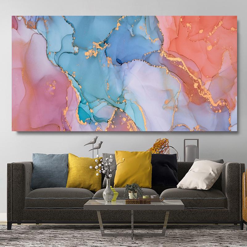 Luxury Abstract Gold Fluid Art Canvas Painting Colorful Ink Art Posters and Prints Marble Texture Wall Art Living Room Decor