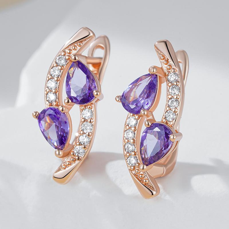Shiny Purple Natural Zircon Drop Earrings For Women Trend  Rose Gold Color Bride Wedding Fine Jewelry Crystal Gift