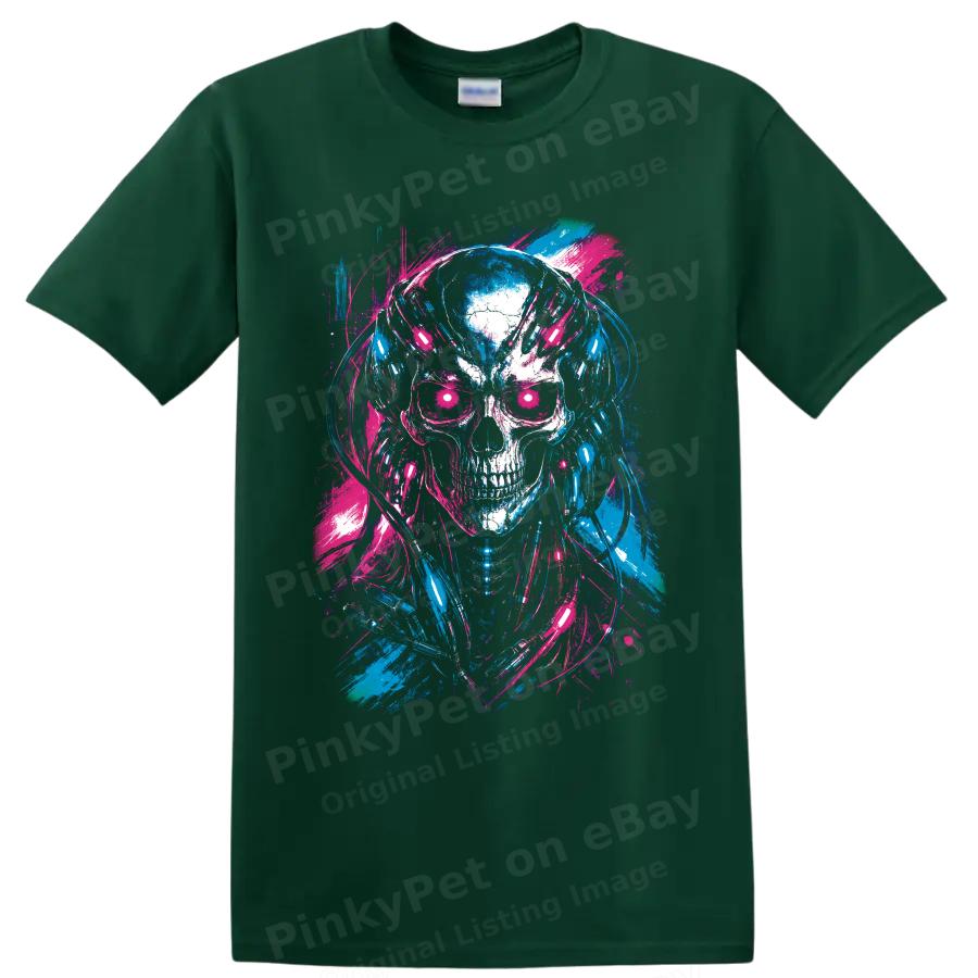 Cyberpunk Skull Headphones Neon Horror Graphic T Shirt Gothic Music Art Tee