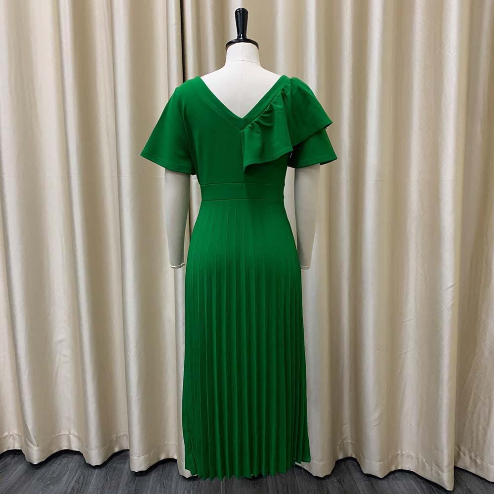 Elegant Office Lady's Dresses Ruffles Sleeve Pleated Ankle Length Luxury Female Party Evening Dress