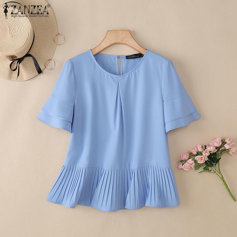 ZANZEA Women Casual Round Neck Solid Color Short Sleeve Blouse