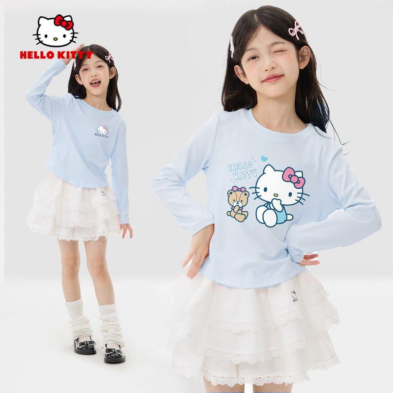 Hello Kitty Girls' Autumn Outfit Set, Stylish Children's Autumn Clothes, Long-Sleeved T-Shirt and Skirt for Older Girls, Trendy