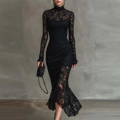 Elegant European and American Autumn/Winter Long-Sleeved High-Waisted Slim-Fit Dress