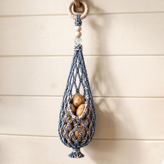 Onion And Potato Storage Keeper Handwoven Cotton Rope Mesh Bag, Wall-Mounted Bohemian Style Organizer, Kitchen Countertop Space Saver Breathable