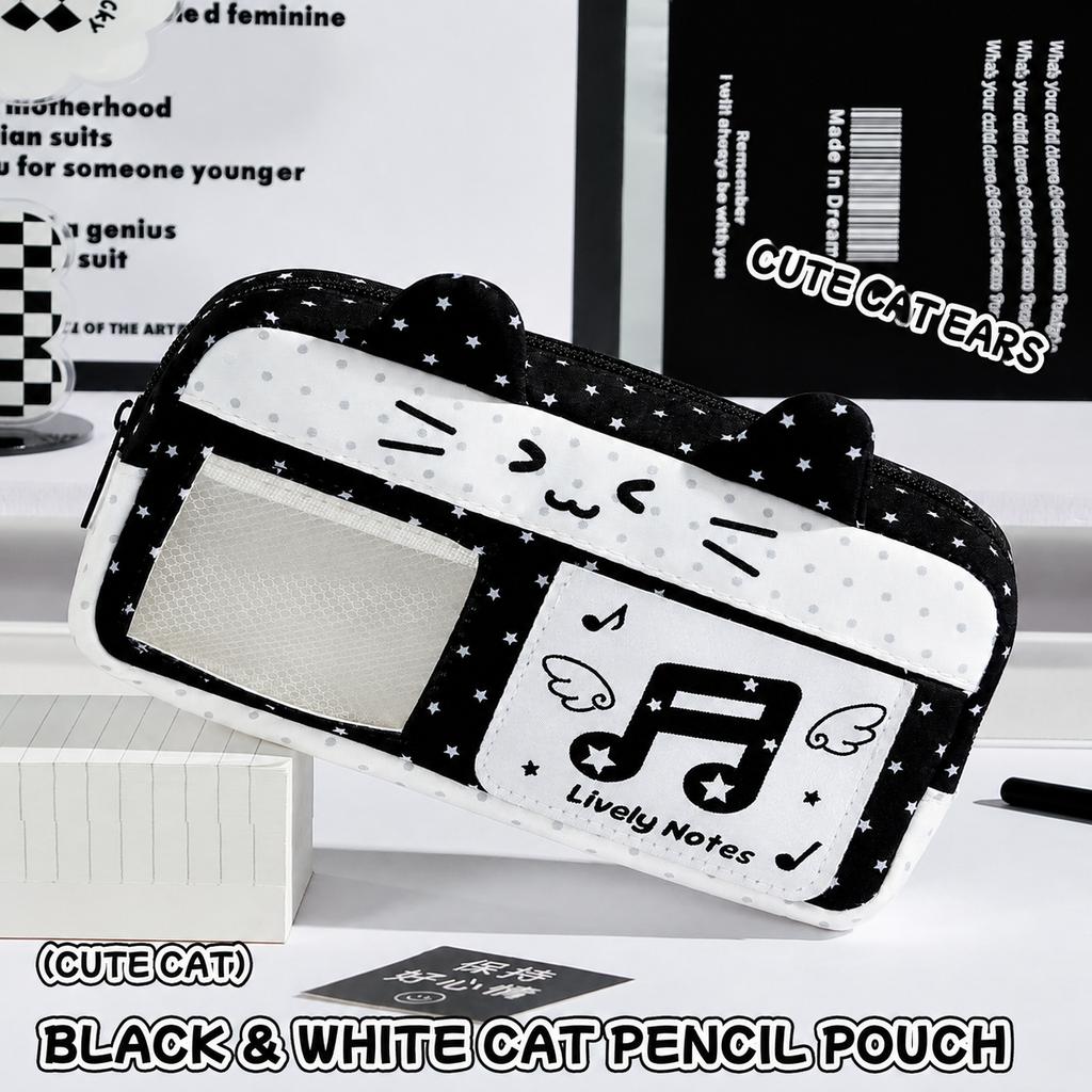 Cute Ear Large Capacity Pencil Case Transparent Window Badge Photocard Storage Bag Multi Compartment Stationery Pouch