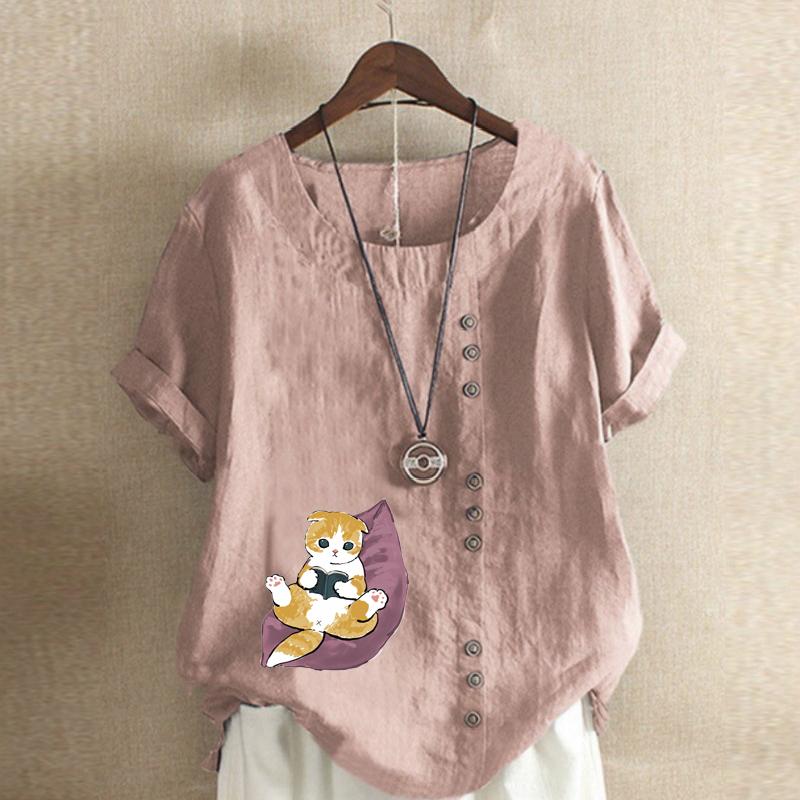 Moda feminina bonito gato impresso manga curta camiseta solta algodão camisa casual solto verão blusa tops plus size