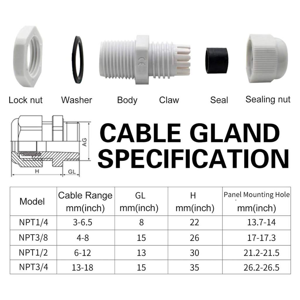 38 Pcs Cable Gland Waterproof Adjustable Connectors Cable Glands Joints Cable Grommets NPT Type Cable Fitting Kits