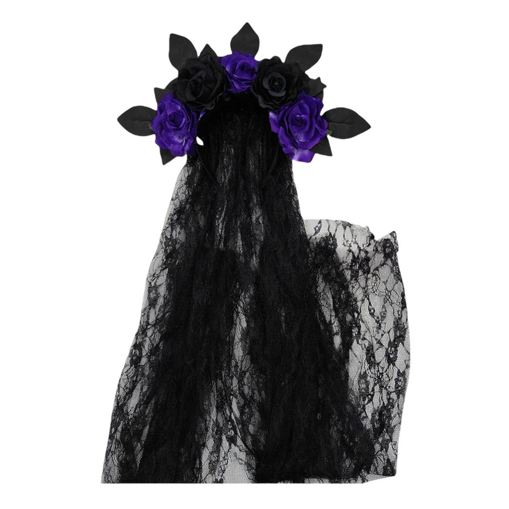 Halloween Gothic Flower Garland With Black Veils Hairband Cosplay Wedding Headpiece Costume Headwear Accessory