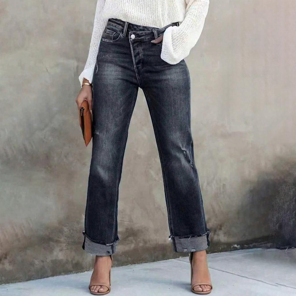 Ladies' Color Casual Versatile Mid Waist Straight Leg Denim Straight Leg Jeans With Fringed Edges