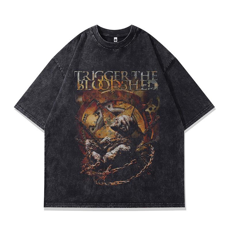 High Street Trendy Brand Vintage Skull Print Men'S T-Shirt Small Neckline Loose Wash Old Short Sleeves